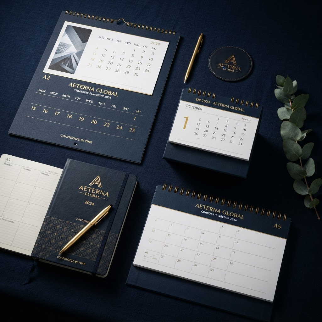 Collection of premium custom corporate calendars including desk, wall and tent calendars for bulk printing